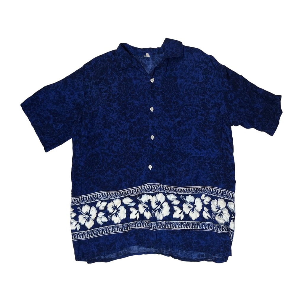 XL‎ Mens Hawaiian Shirt Floral Print Button Up Short Sleeve Blue Rayon